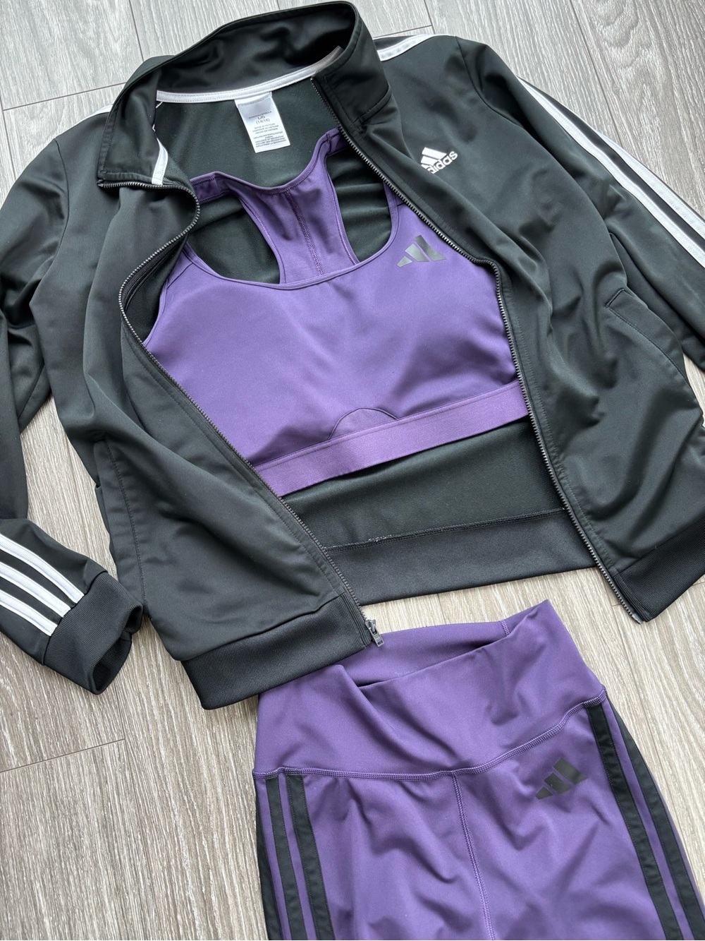 Bundle of 3 adidas Purple Leggings with Black Side Stripes matching bra and a zi